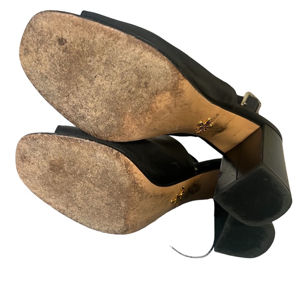 PRADA Albina Black Leather Chunky Block Peep Toe Slingback Heels 38.5 - Picture 4 of 13